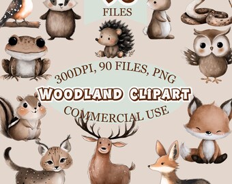 Aquarel bos dieren clipart, boho kinderkamer decor (90 png-bestanden)