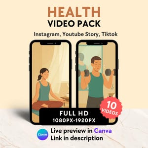 May include: A digital graphic promoting a health video pack for Instagram, YouTube Story, and TikTok. The image features two smartphones displaying fitness illustrations, with text reading "HEALTH VIDEO PACK" and "FULL HD 1080PX-1920PX". A red sticker indicates "10 VIDEOS".