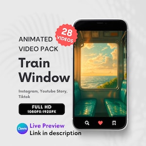 Puede incluir: Un smartphone muestra una escena de arte digital de una ventana de tren con vistas a una puesta de sol sobre el océano. La pantalla del teléfono muestra el texto "Train Window" y "28 Videos". La imagen es para Instagram, YouTube Story y TikTok.
