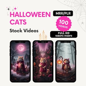 Puede incluir: Imagen promocional de vídeos de archivo con temática de Halloween con gatos de dibujos animados disfrazados. La imagen incluye tres teléfonos inteligentes que muestran diferentes escenas, el texto "HALLOWEEN CATS Stock Videos" y una insignia rosa que dice "100 VIDEOS".