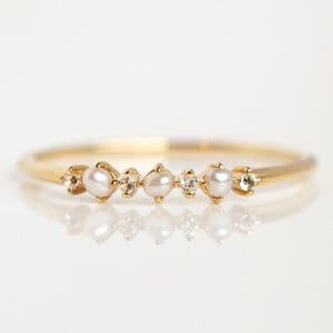 Pearl & CZ Diamond Dainty Wedding Ring, June Birthstone, Pearl Half Band For Women, Pearl Stacking Band, Pearl Promise Ring