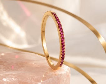 Handmade Ruby Eternity Band, Minimalist Yellow Gold Ring, Personalized Jewelry