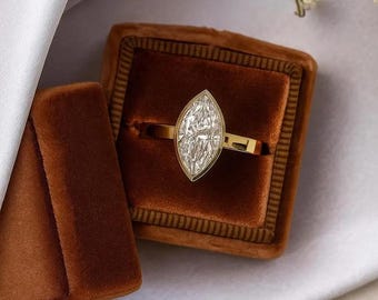 Vintage Marquise Moissanite Ring, Gold Plated Minimalist Band
