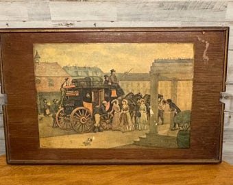 Antique Victorian Wooden Serving Tray: Mr. Pickwick Lithograph Stagecoach Scene