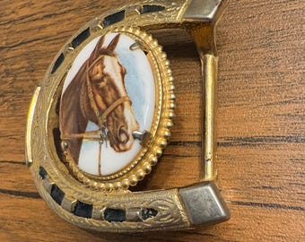 Vintage Lucky Horseshoe Belt Buckle: Brown Horse Cabochon, Cowboy Western Accessory
