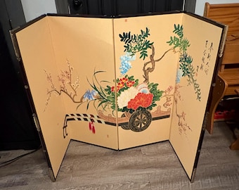 Vintage Japanese Showa Period Hand-painted Silk Folding Screen with Flower Cart Motif Four Panel