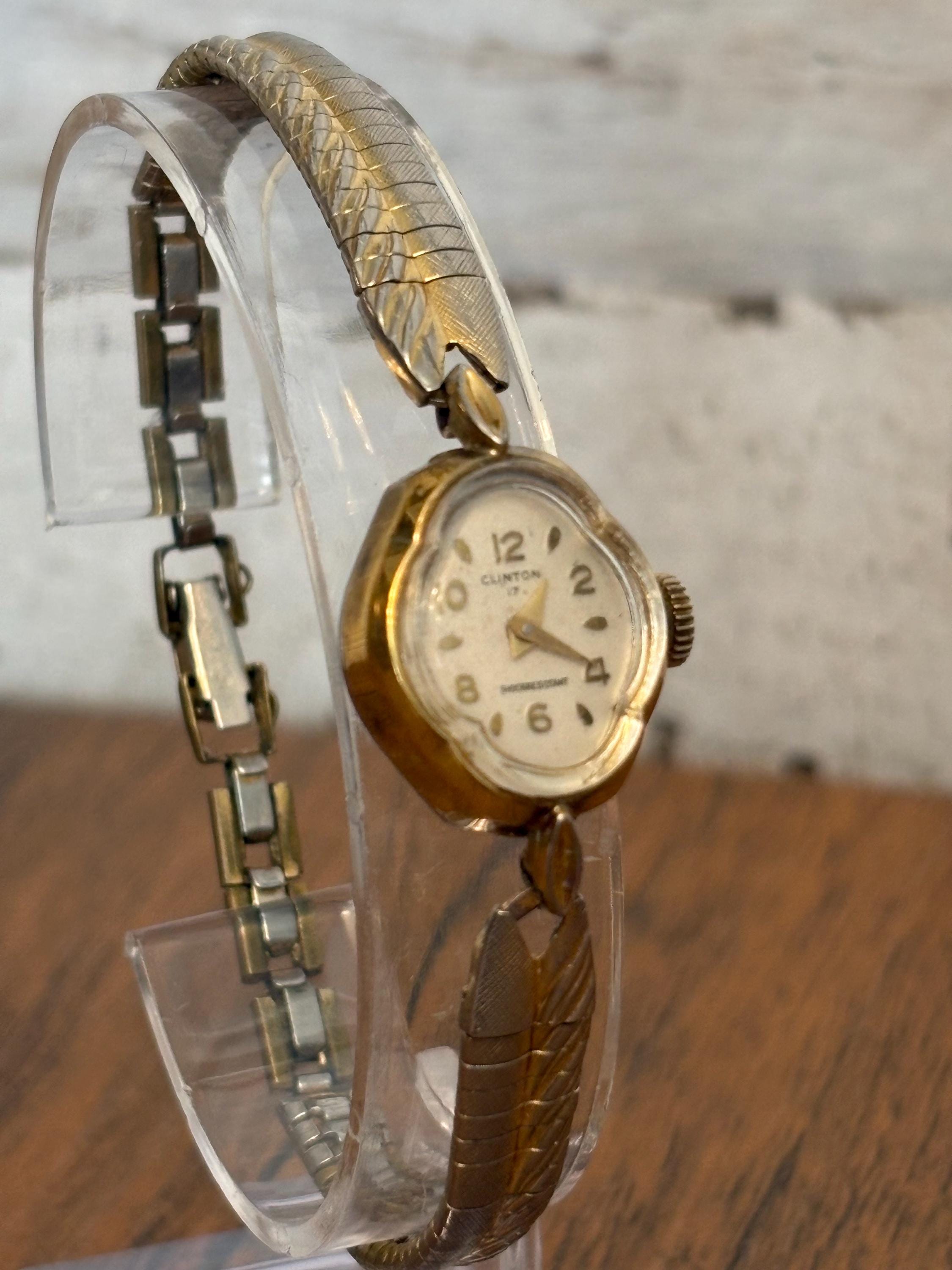 Clinton Womens Mechanical Wind Custom Gp Diamond Necklace Watch Works Running Rare Vintage Clinton Horse Shoe Hand wind Black Jeweled Dial  main image 4