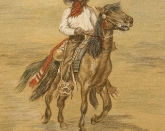 Framed Pencil Drawing of Cowboy on Horseback artist signed 1990