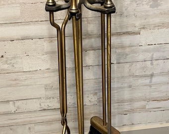 Vintage Five-Piece Brass fireplace Tool Set with Spherical Finials (1950s-1960s)