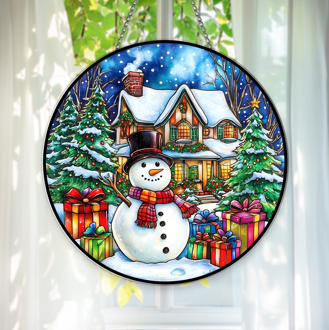 Snowman Stained Glass Suncatcher Winter Window Hanging Holiday Decor ...