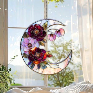 Moon with Flowers Acrylic Suncatcher Floral Window Hanging Boho Moon Phase Wall Art for Home Living Room Bedroom Wedding Gift