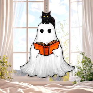 Ghost with Black Cat Reading Book Acrylic Suncatcher Window Hanging Decoration Halloween Ornament Panel Cute Spooky Gift for Home Decoration
