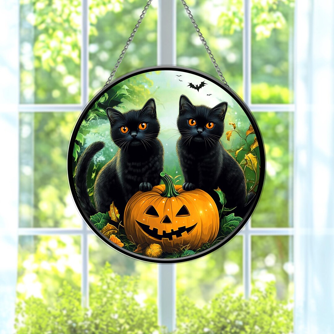Black Cats With Pumpkins Stained Glass Suncatcher Halloween Window ...