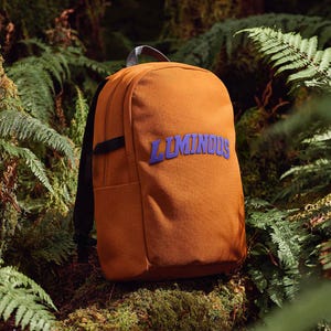 May include: A brown backpack with the word "LUMINOUS" in blue lettering. The backpack has black straps and a grey handle. The background features green ferns and moss.