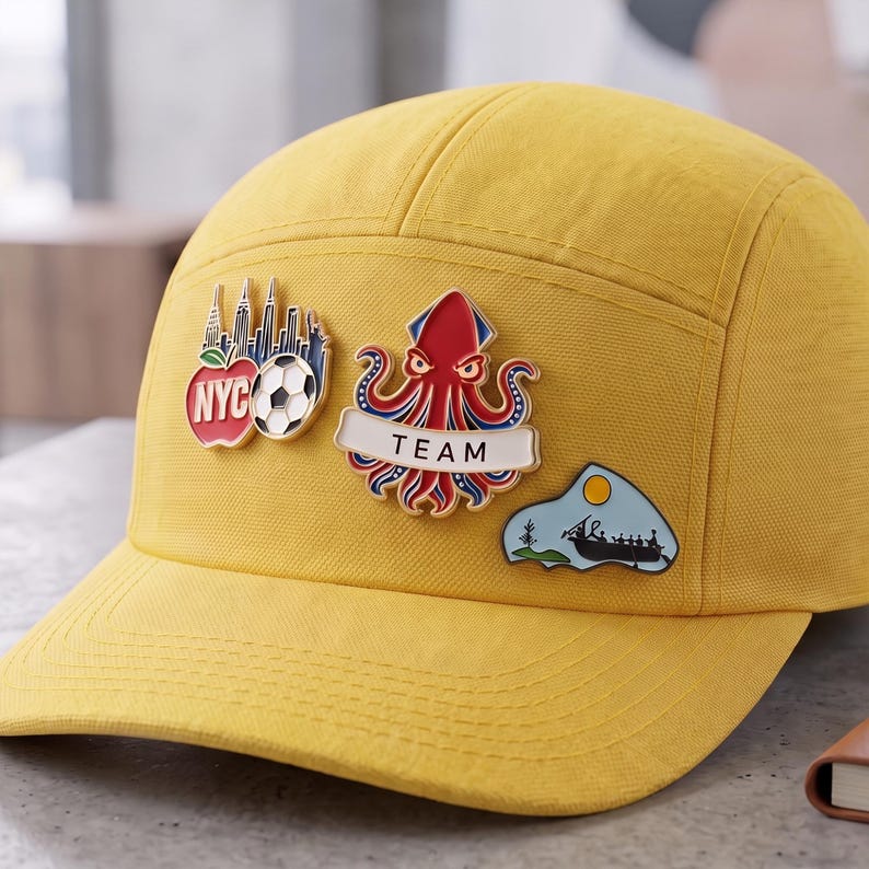 May include: A mustard yellow five-panel cap featuring three enamel pins. One pin shows the NYC skyline, a red apple, and a soccer ball. Another pin depicts a red octopus with the text TEAM. The third pin shows a boat on water with a yellow sun.