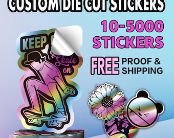 Custom Holographic Stickers | Iridescent Rainbow & Glitter Vinyl | Waterproof Laminated Decals for Laptops, Planners, Skateboards