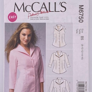 May include: McCall's M6750 sewing pattern envelope for a button-front shirt with a collar. The front shows a light pink shirt with three-quarter sleeves. The right side displays technical line drawings for three variations labeled A, B, and C.