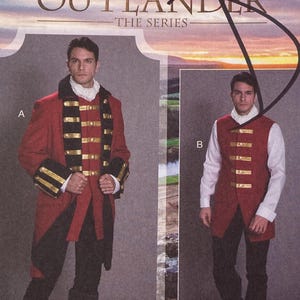 May include: McCall's Costumes sewing pattern M7824 for Outlander The Series. The envelope features two costume variations: a red coat with black and gold trim, and a red vest with gold trim, both worn with white shirts and dark trousers.