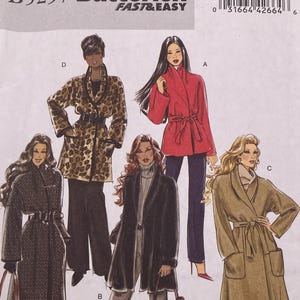May include: A Butterick B5297 Fast & Easy sewing pattern envelope featuring illustrations of five different coat and jacket styles. The designs include a leopard print coat, a red jacket, a black coat, a dark coat, and a tan belted coat.