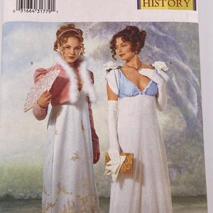 May include: Butterick sewing pattern 6631 for sizes 18-20-22. The envelope features two floor-length gowns: one with a pink bolero and white fur trim, and another with a blue bodice, white skirt, floral accents, and long white gloves.