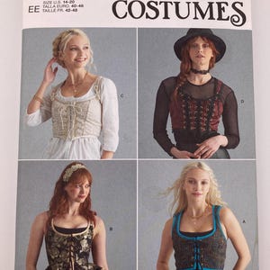 May include: A Simplicity Costumes sewing pattern envelope S9592 for sizes 14-20. The front displays four variations of a corset-style bodice, featuring different fabrics, patterns, and lace-up front closures, presented on a white background.