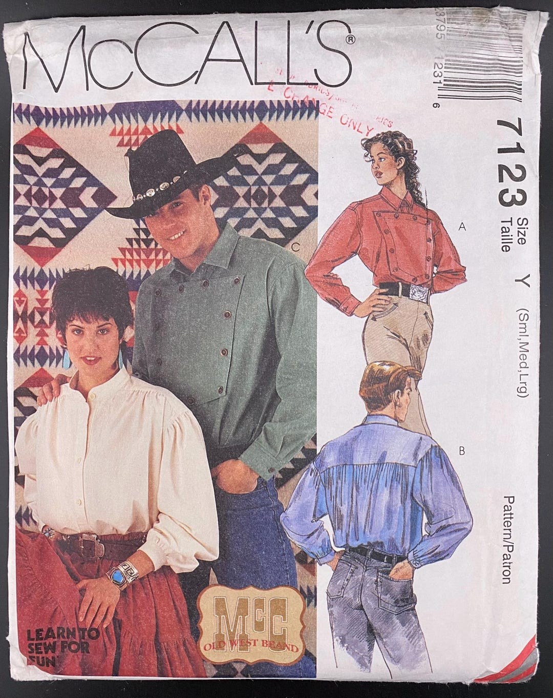 Old West Shirts Vintage Sewing Pattern Mccall’s 7123 (1994), Cowboy ...