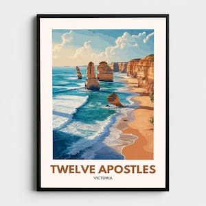 以下が含まれることがあります： オーストラリア、ビクトリア州の十二使徒の美しい風景を描いた額入りのアートプリント。 海中のそびえ立つ岩の形成、砂浜、雲のある鮮やかな青い空が特徴です。 下部には「TWELVE APOSTLES」と「VICTORIA」の文字があります。