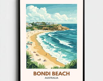 Póster de Bondi Beach, Australia. Impresión de Bondi Beach. Arte mural de Bondi Beach. Póster de viaje de Sídney, Australia. Decoración costera. Regalo. Arte de surf vintage.
