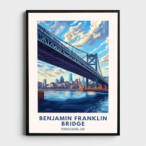 Reseposter med Benjamin Franklin-bron, flodsilhuett | Vintage stadslandskap, väggkonsttryck