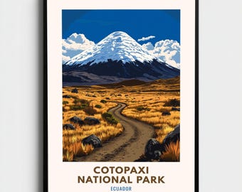 Impresión de viaje al Parque Nacional Cotopaxi, arte mural de Ecuador, póster de paisaje volcánico, decoración de aventura en los Andes, regalo para excursionistas, impresión artística natural