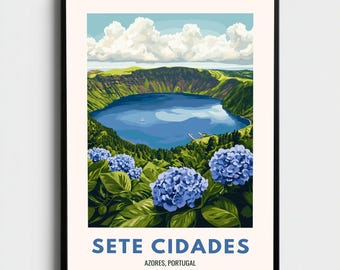 Sete Cidades Travel Print Azores Wall Art Portugal Crater Lake Poster Volcanic Landscape Home Decor Gift for Nature Lovers Art Print