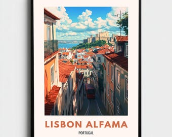 Lisbon Alfama Portugal Travel Poster | Vintage Harbour Wall Art Print | Europe Decor