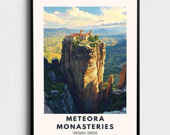 Meteora Monasteries Travel Print Greece Wall Art Historic Cliff Top Poster Sacred Mountain Decor Gift for Greece Lovers Spiritual Art