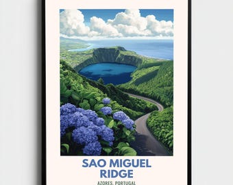 Sao Miguel Ridge Travel Print Azores Wall Art Green Volcanic Lakes Poster Atlantic Island Decor Gift for Portugal Lovers Scenic Art