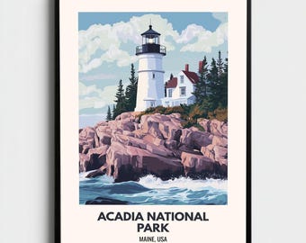 Acadia National Park Maine Lighthouse Harbor Travel Poster | Vintage National Park Wall Art Print