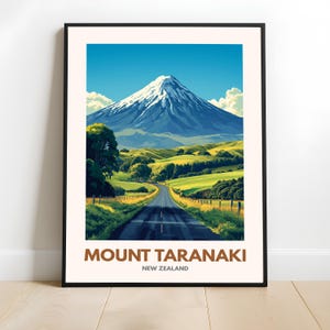 Mount Taranaki Travel Poster Wall Art, Mount Taranaki New Zealand Volcano Poster, Country Road Decor, Travel Gift, NZ Art Lovers, WPA Style
