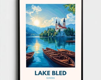 Reisposter Slovenië Lake Bled | Vintage meerlandschap muurkunst print | Decoratie Europa
