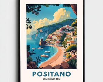 Poster di viaggio del villaggio di Positano, Italia / Stampa artistica vintage con scogliere costiere / Decorazione europea