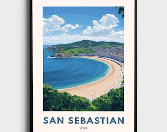 Póster de viaje a la playa de San Sebastián, España / Lámina decorativa vintage de estilo costero / Decoración europea