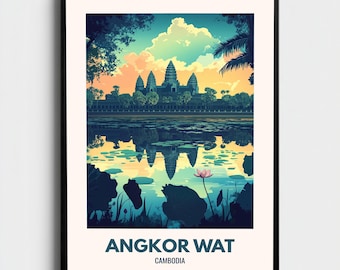 Angkor Wat Kambodja Reseposter | Vintage historiskt landmärke väggkonsttryck | Asiendekor