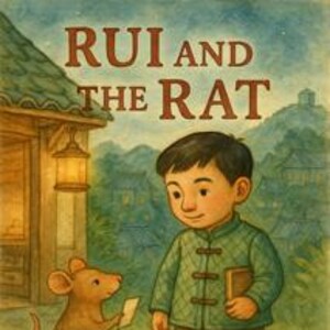 May include: Illustration of a children's book cover titled "Rui and the Rat" by Camille Dyell. The image features a young boy in a green jacket and brown pants, holding a book, and a brown rat holding a paper. A building and a pagoda are in the background.