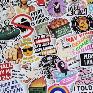 Könnte beinhalten: Eine Sammlung bunter Aufkleber mit verschiedenen Designs und Texten. Aufkleber zeigen Bilder eines Skeletts, einer Ente auf einem Skateboard, eines gestressten Tieres und Sätze wie "Ich diskutiere nicht, ich erkläre nur, warum ich Recht habe."