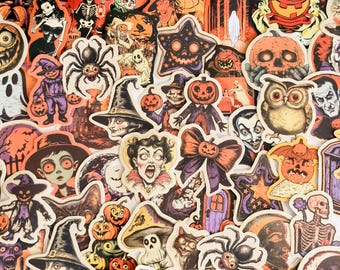 May include: A collection of Halloween-themed stickers featuring various spooky illustrations. The stickers showcase pumpkins, witches, ghosts, spiders, and other classic Halloween characters in orange, purple, and black.