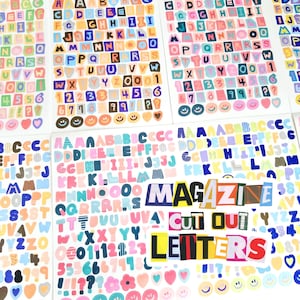 May include: Sheets of colorful magazine cut-out letters, numbers, and symbols. The letters are in various fonts and colors, with a collage aesthetic. The word "MAGAZINE CUT OUT LETTERS" is displayed prominently.