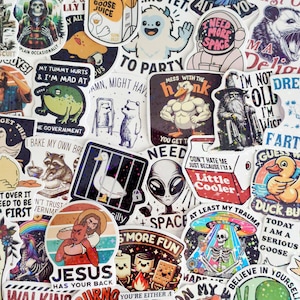 May include: A collection of assorted vinyl stickers featuring various graphic illustrations, including a skeleton, a goose, an alien, a frog, a wizard, and religious figures, with humorous text captions printed on each individual sticker design.