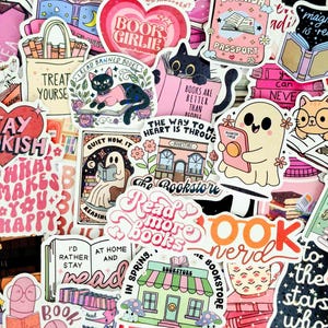 May include: A collection of assorted vinyl stickers featuring book-themed illustrations, including ghosts reading, cats with books, bookstore storefronts, and text designs like Book Girlie, Treat Yourself, and Read More Books in pink and pastel tones.