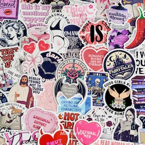 May include: A selection of vibrant stickers with diverse designs and text. The stickers showcase illustrations of books, hearts, gothic themes, and phrases such as "Emotional Support Kind" and "Romance Books Are My Therapy."
