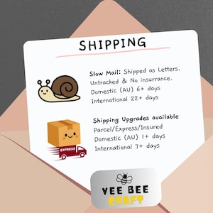 May include: A white card inside a pink envelope featuring the text SHIPPING, a brown snail illustration, and a brown box on a red truck with the text EXPRESS. The bottom includes a grey label with a bee icon and the text VEE BEE CRAFT.
