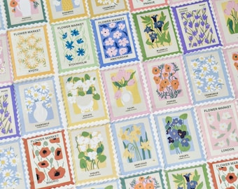 Vintage Flower Stamp Stickers: 46PCS - Mixed Pack, Waterproof Vinyl (Shiny Finish)