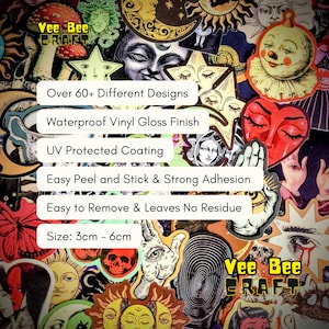 May include: A collection of over 60 waterproof vinyl stickers featuring diverse illustrations including celestial bodies, skulls, clowns, and hands with eyes. Each sticker has a gloss finish, UV protection, and measures between 3cm and 6cm.